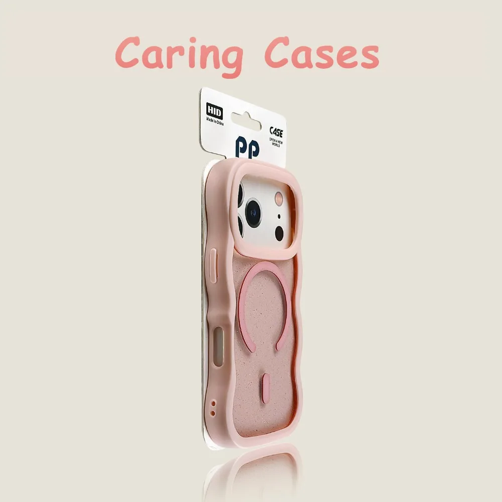 

For iPhone 17 Pro Max Case Pink Wavy Edge Ice Transparent Glitter Magnetic Large Hole Premium Cover with iphone 16 15 14 13
