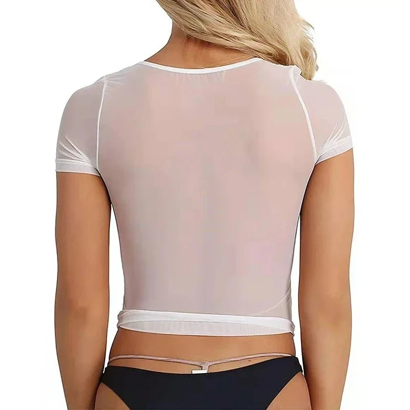 Erotic Women's Top Mesh See Through Tank Blouse Sheer T-Shirts Summer Ultra-thin Short Sleeve Girls Sexy Transparent Base Blouse