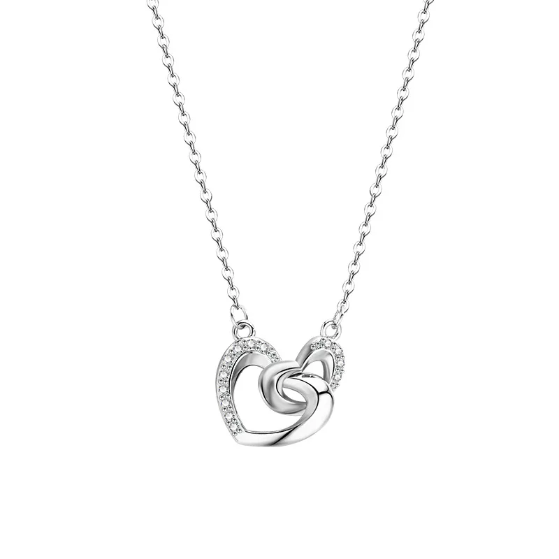 الأوروبي 925 الفضة الاسترليني اثنين على شكل قلب AAA الزركون قلادة رومانسية الذكرى مجوهرات الزفاف هدايا لها