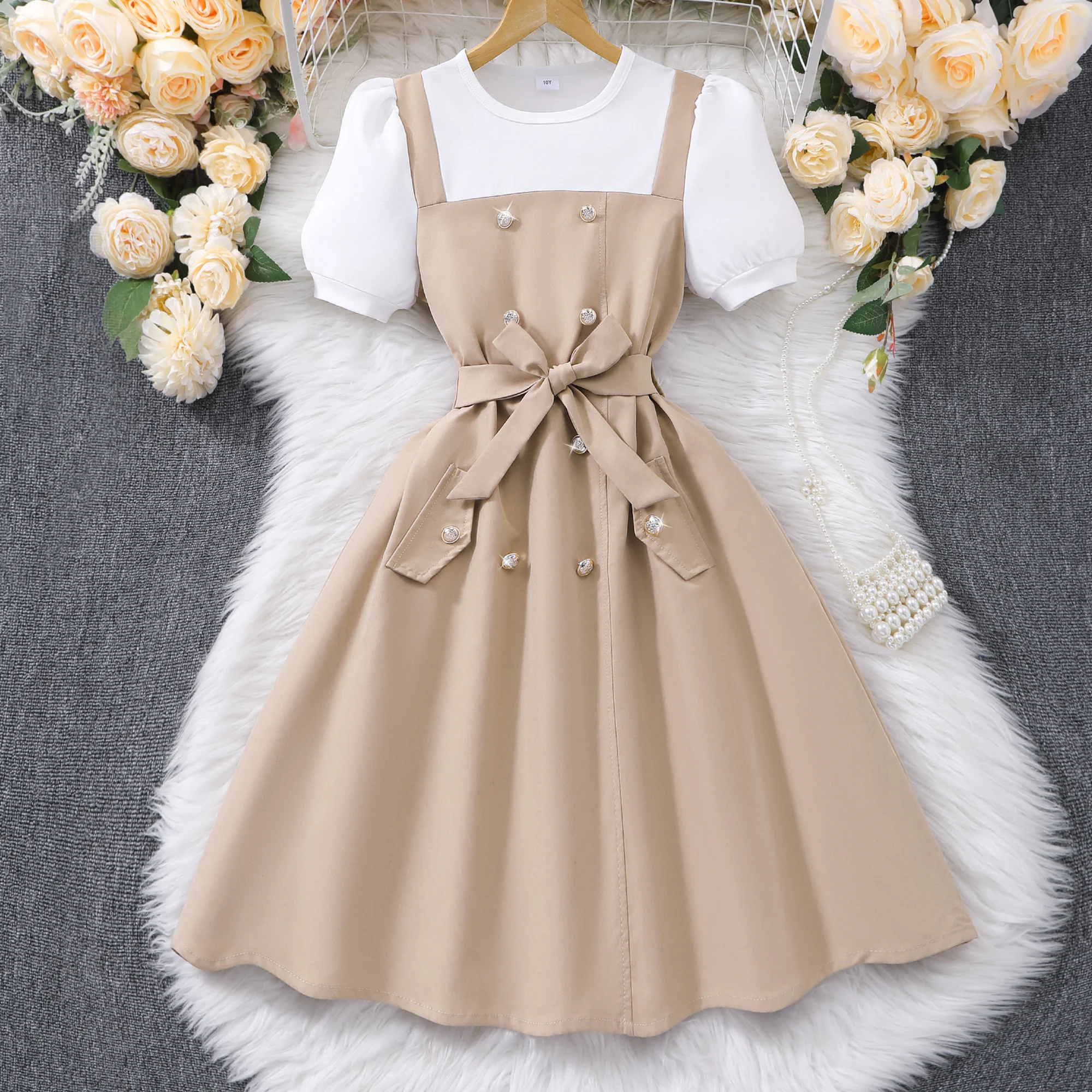 8-12 Years Tween Girls Khaki Double Breasted Overall Faux Two-Piece Short Sleeve Dress|Party, Back to School,Daily,Outings&Gathe