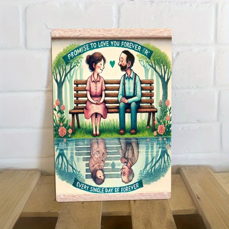 2D Flat, Vintage-Inspired Metal Tin Sign | Romantic Bench Scene With 'Promise To Love You Forever' Message | Durable Iron Wall A