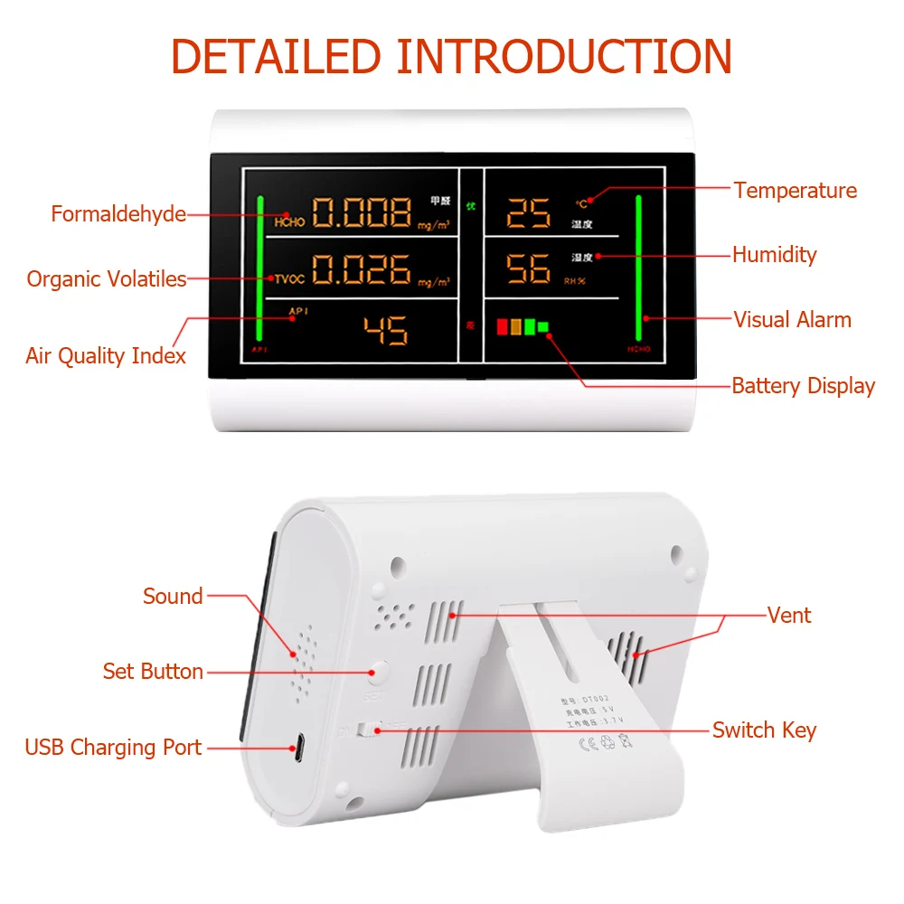 Digital Air Quality Detector CO2 HCHO TVOC Temperature Humidity Monitor Tester Carbon Dioxide LCD Detector