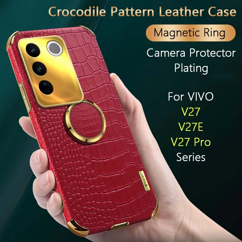 Luxury Crocodile Pattern Leather Holder Stand Case For VIVO V27 Pro V27E Magnetic Ring Heat Dissipation Soft TPU Back Funda