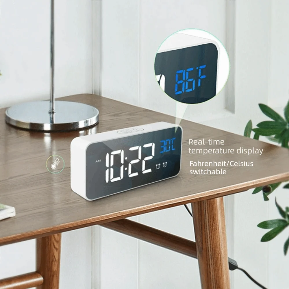 Mirror LED Digital Clock Brightness Adjustment Music Function Music Alarm Clock Temperature Display Rechargeable Desk Clock