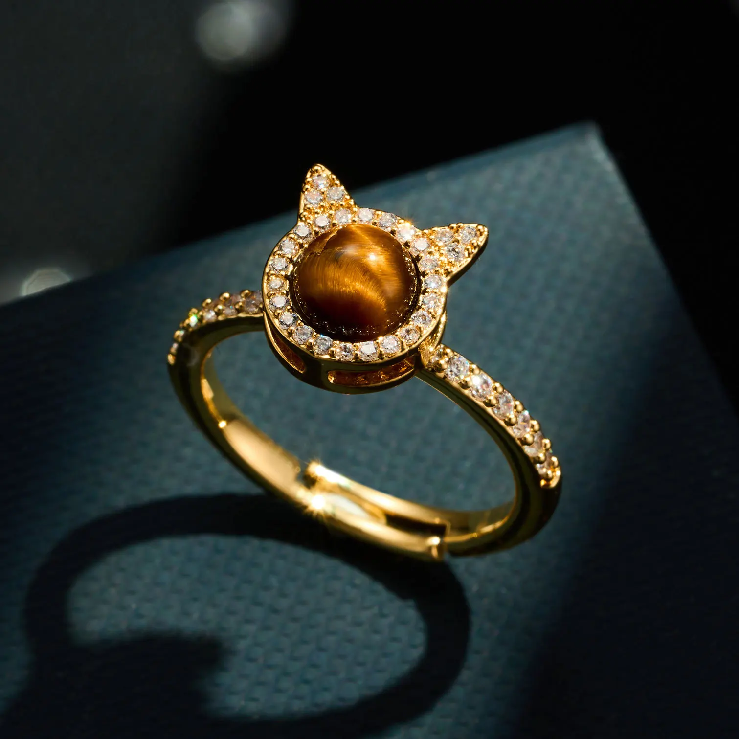 Women Rotatable Cat Adjustable Open Ring Copper Micro Pave Zircon Tiger Eye Stone Niche Design Finger Ring Daily Fashion Jewelry