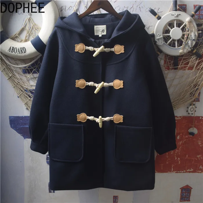 

Japanese Horn Button Hooded Overcoat Women Autumn Winter Solid Color JK Uniform Mid-long Long Sleeve Students Wool Jacket Coat