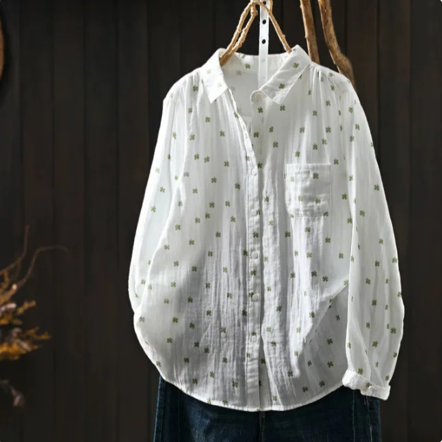 Women Autumn New Japan Style Cartoon Printed Cotton Yarn Shirts Vintage Turn Down Collar Long Sleeve Casual Loose Blouse Tops