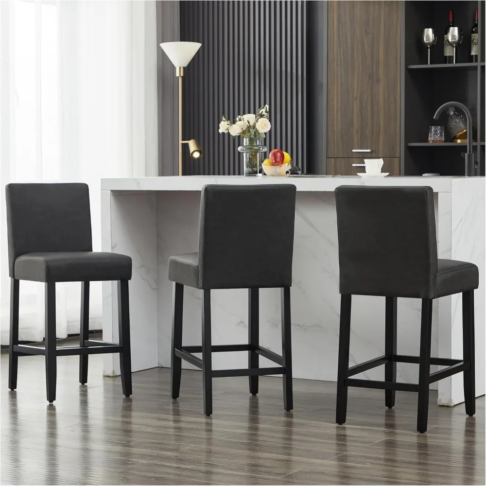 

26'' Faux Leather Bar Stools Set of 3, Modern Upholstered Bar Height Bar Chairs, Soild Wood Legs Barstools with Back