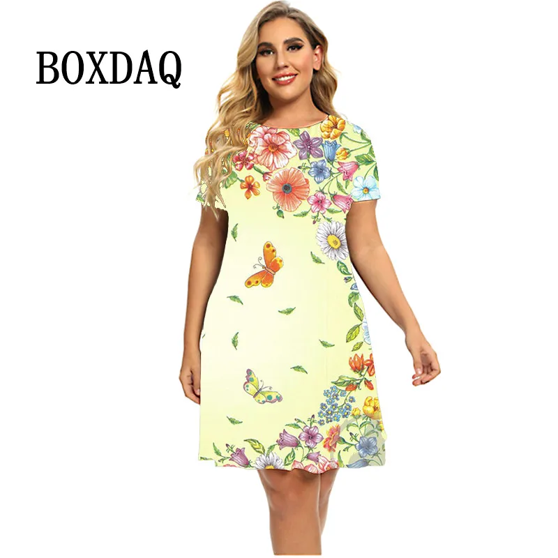 

Butterfly Flower Print Summer Dress Women Oversized Short Sleeve Dress Casual Pullover O-Neck Loose Party Dress Ladies Vestidos