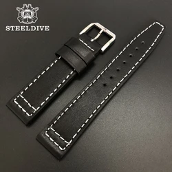 SD2502 Stitched Leather Strap 20MM Width STEELDIVE SD2501 Classic Retro Black Belt