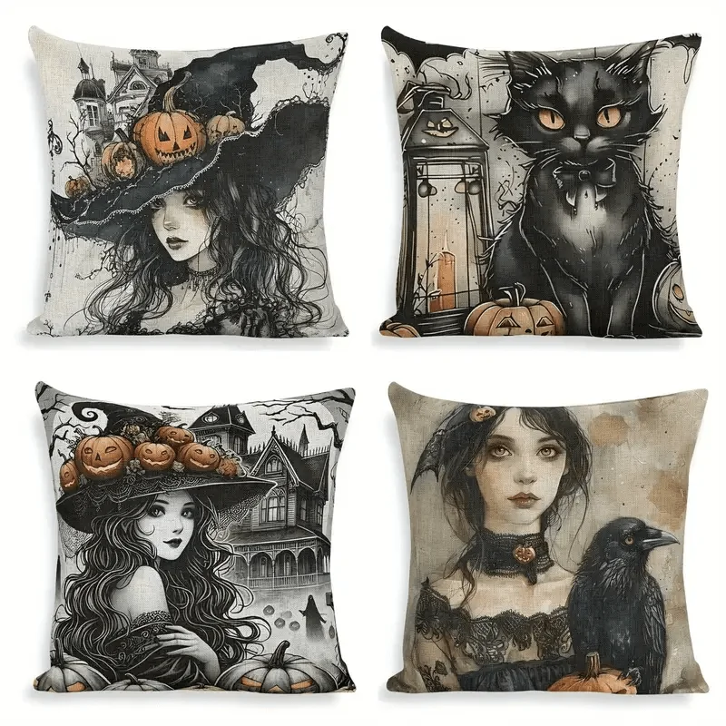 Set of 4 Gothic Halloween Throw Pillow Covers Print Bohemian Haunted House Cat Pumpkin Spooky Aesthetic Witchy Home Decor Cushio
