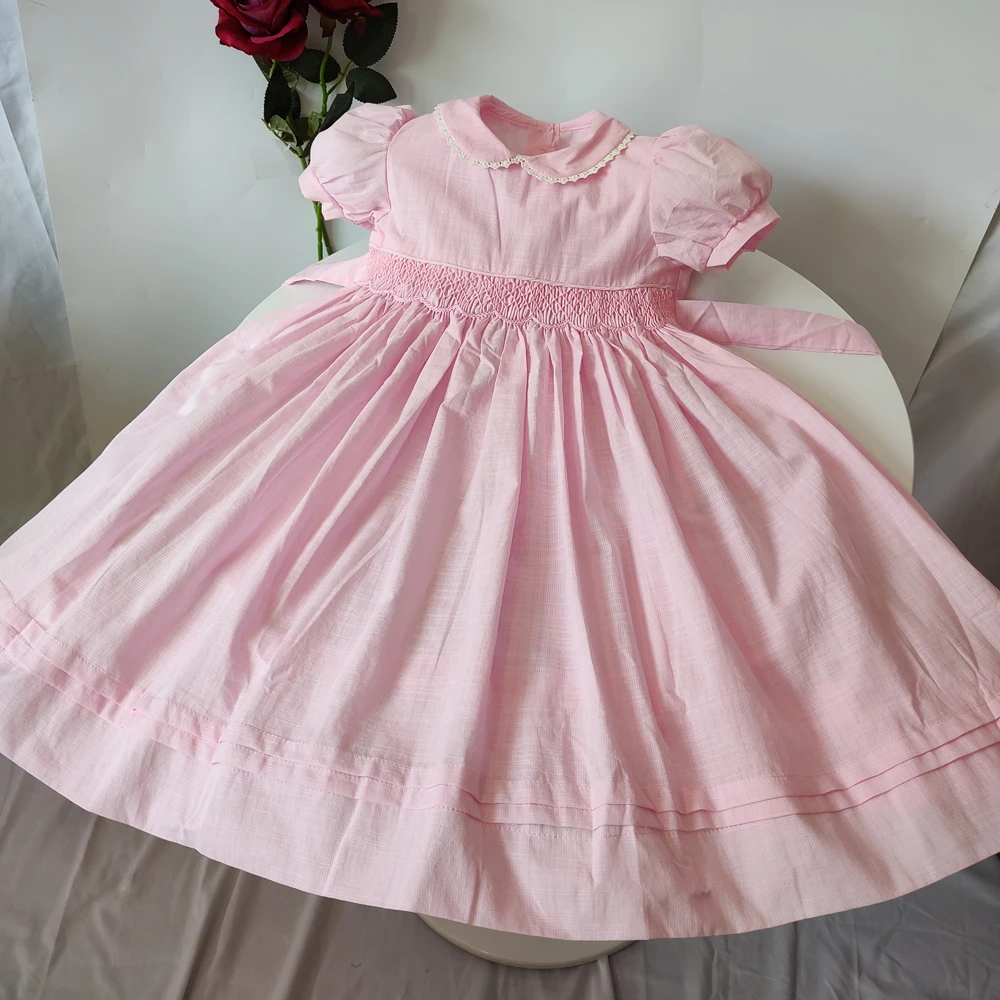 

2025 Summer Kids Girls Smocking Embroidery Dresses Pink Prints Doll Dress For kids Girl Princess Smocked Party Dresses Outfit