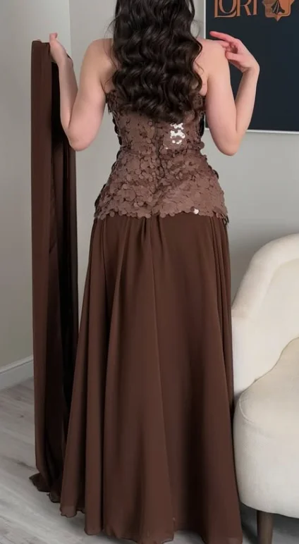 Brown Strapless Petal‑Shaped Sequin Formal Dress Chiffon Flare Long Evening Gown With Matching Sheer Shawl