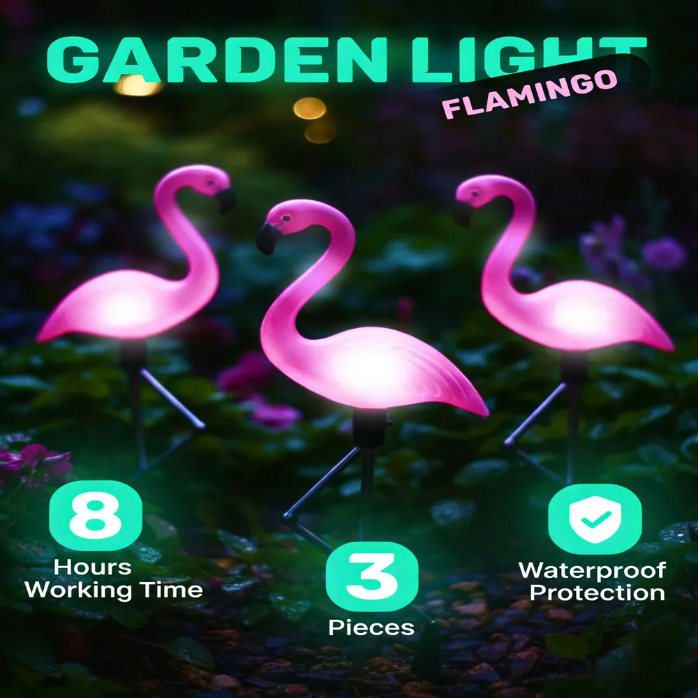 3Pcs Solar Powered Flamingo Ground Stake Lights, Waterproof Outdoor Garden Pathway Decorative Night Lights for Yard Patio Lawn view 3