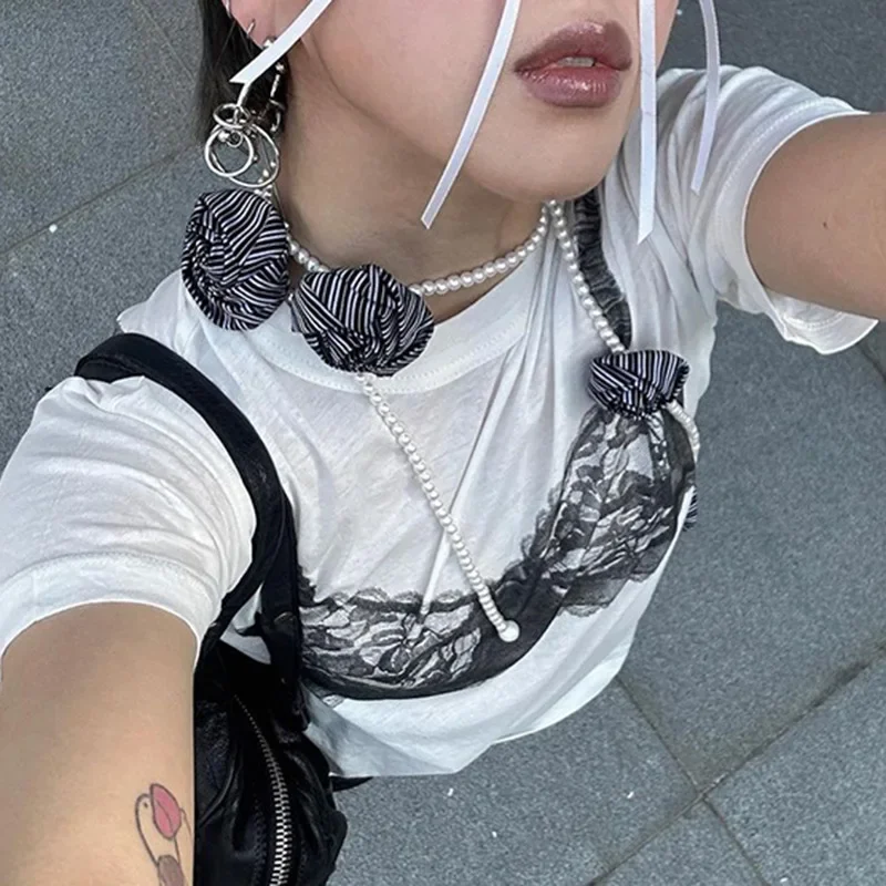 

Y2K Black Lace Bra Print White Graphic T-Shirt Fashion Woman Blouse Tees O Neck Short Sleeve Casual Street Sweats Tops