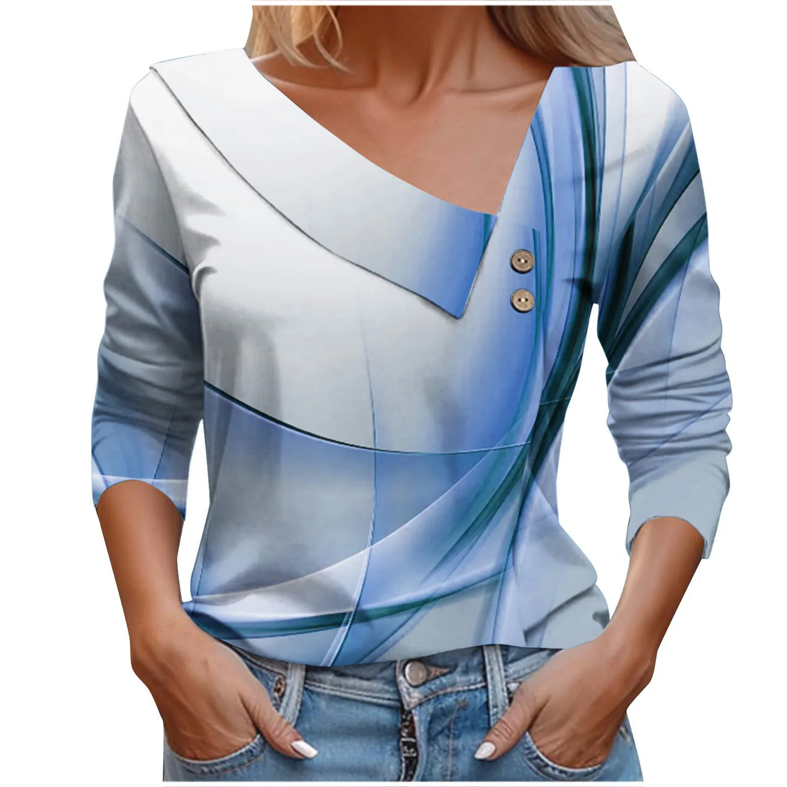 

Women T Shirt Long Sleeve Contrast Color Abstract Print 2023 Ladies Street Hipster 3D Abstract T Shirts Casual V Neck Slim Tops