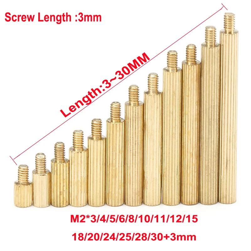 50pcs M2 Brass M2*L+3mm Round knurl Male Female Standoff Stud Board Threaded Pillar  Hollow Bolt Screw Nut For PCB Motherboard