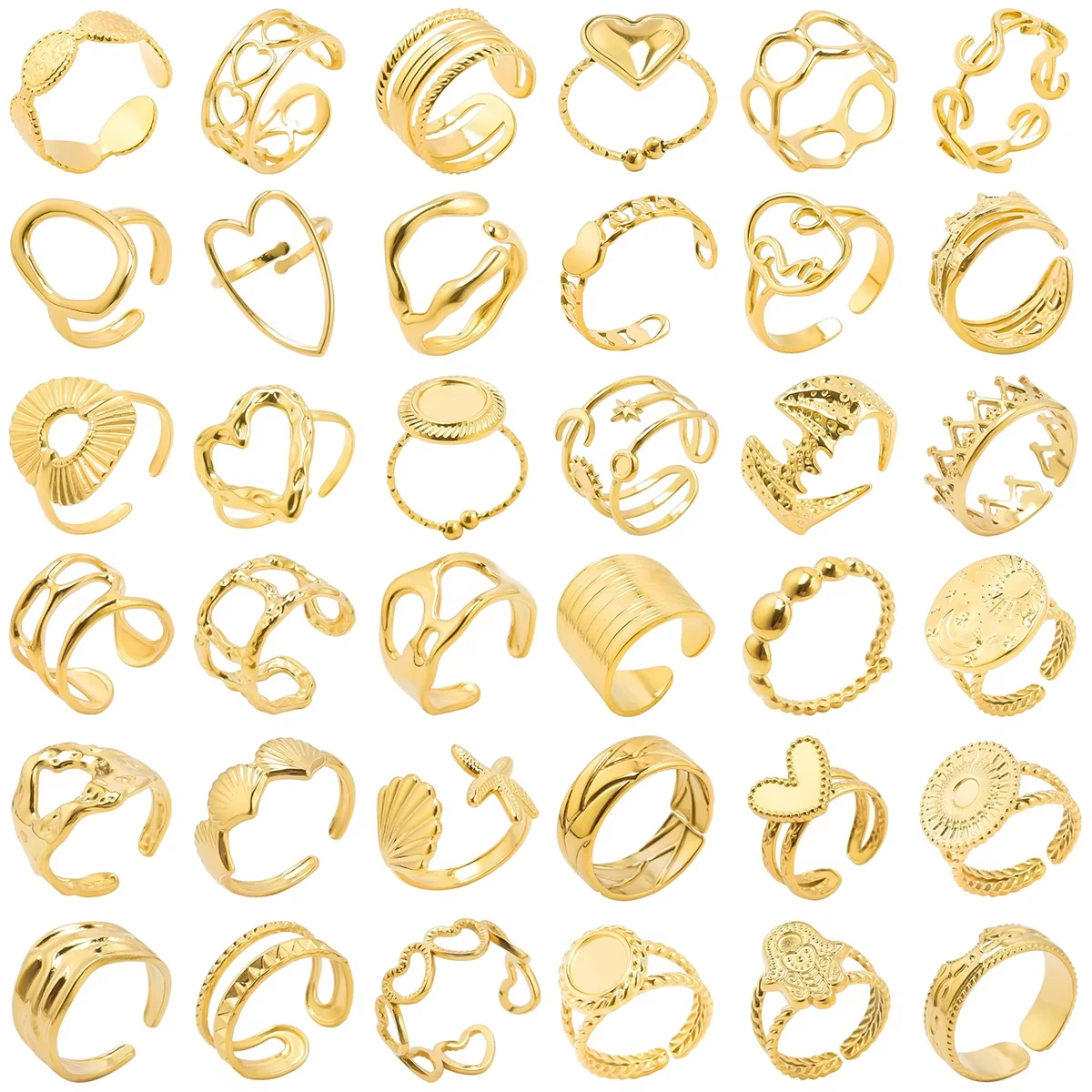 6 sztuk / partia Hurtownia różnych grubych pierścieni Prawdziwe pozłacane miłość Abstrakcyjne DIY Shell Star Sun Bat Shaped Rings Biżuteria damska Prezenty