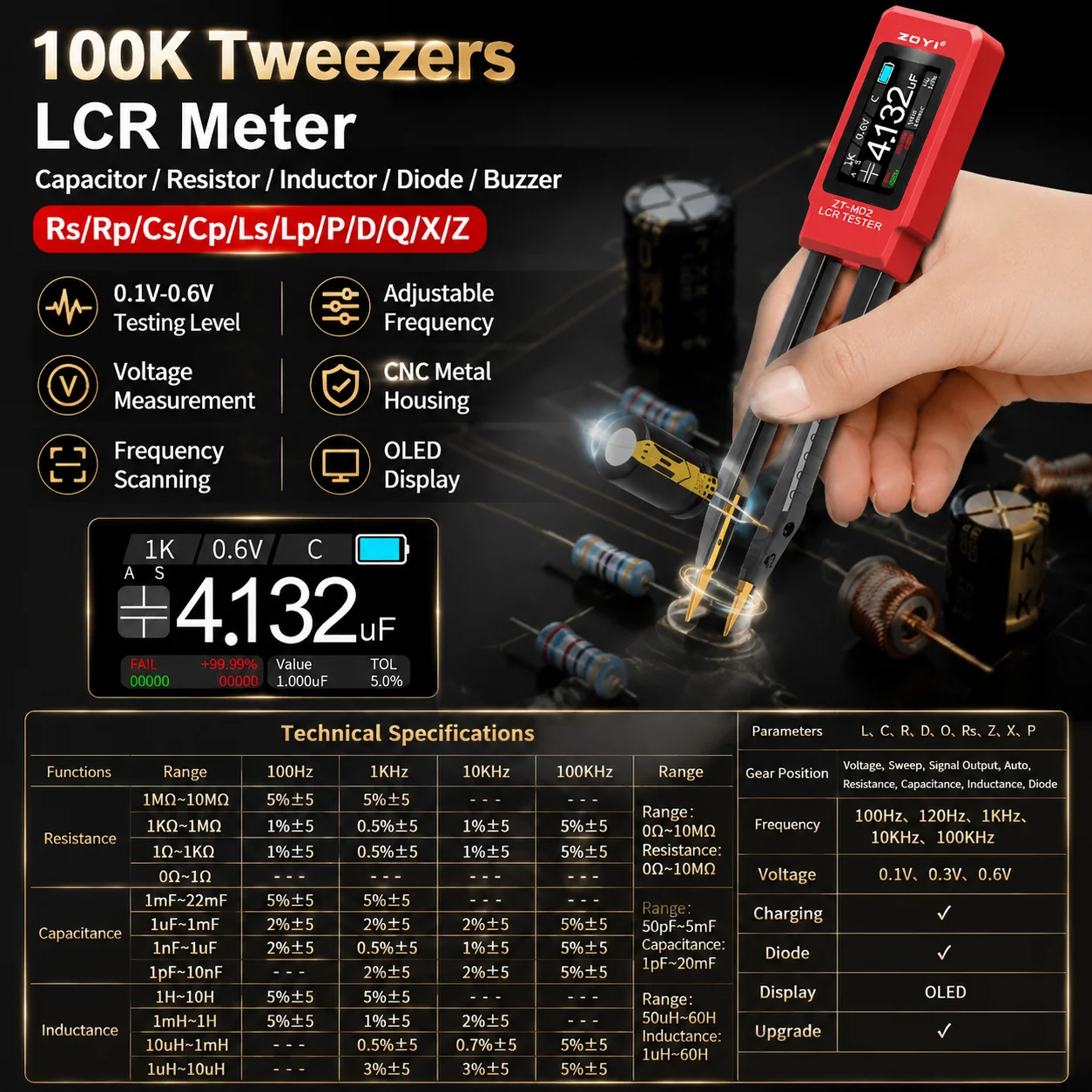 ZOYI ZT-MD2 100kHz Smart LCR/ESR Tweezers Auto Identify SMD Components R C L ESR Diode Voltage for R&D Repair