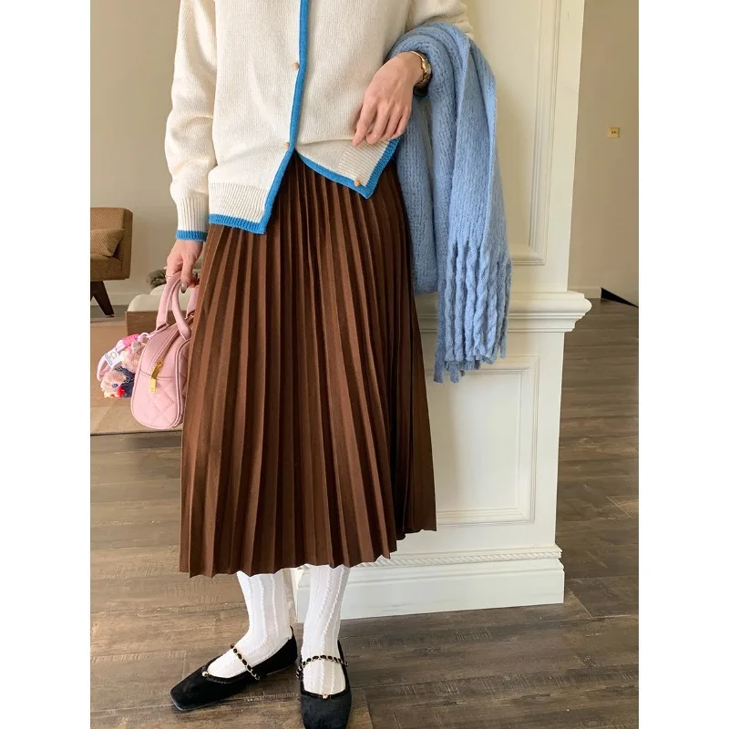 กระโปรงทรงเอพลีทจีบระบายเอวสูงทันสมัยสำหรับผู้หญิงในฤดูใบไม้ร่วงและฤดูหนาว กระโปรงยาวปานกลางอเนกประสงค์