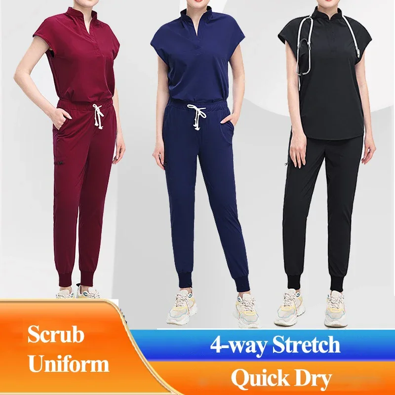 STRETCH Pet Hospital Beauty Salon Operating Room Working Overalls  Quick Dry Medical Uniform Women Dental Nurse Scrub Set LMW005