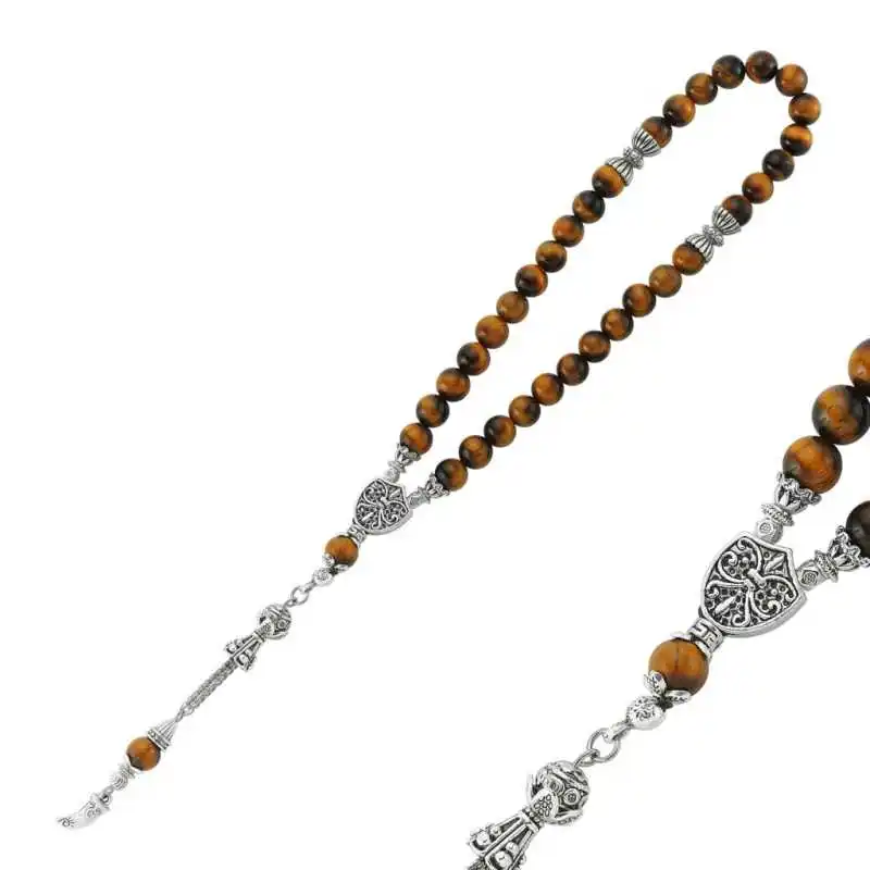 Tiger Eye Stone Rosary Natural Stone Beads 33 Tasbih Rosary 925 Sterling Silver Tasseled, Islamic Muslim Tasbih Allah Men Women Meditation jewelry, Tasby, Unisex