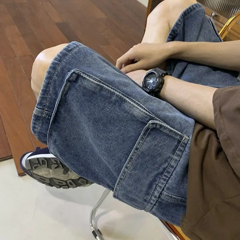 

Men's Denim orts Summer Thin Five-Quarter Outerwear Loose Versatile High-Rise Straight Leg Casual Pants for Teenagers