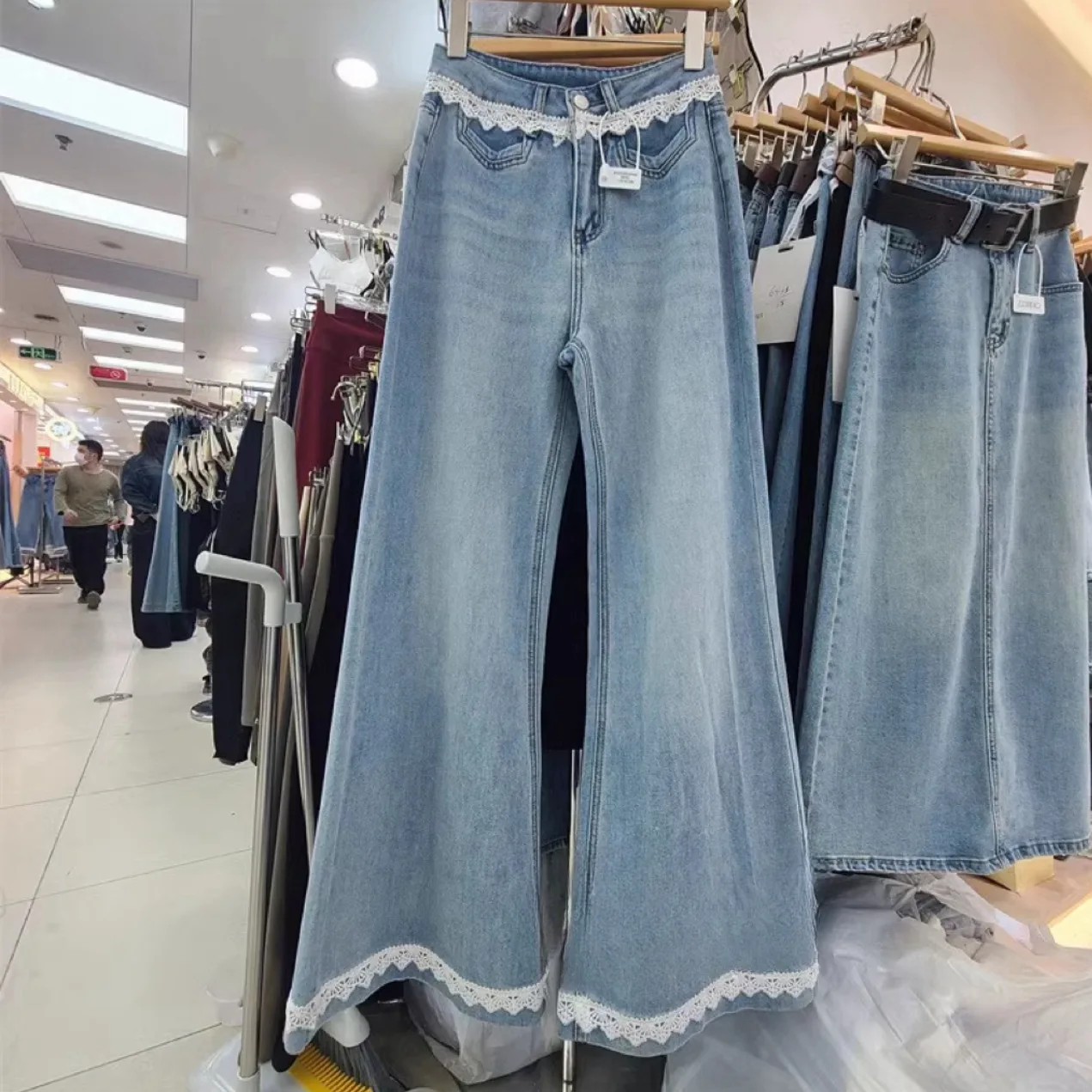 Pantalones vaqueros acampanados de encaje azul claro para mujer, pantalones vaqueros de pierna ancha holgados de cintura alta elegantes, pantalones casuales de primavera para mujer