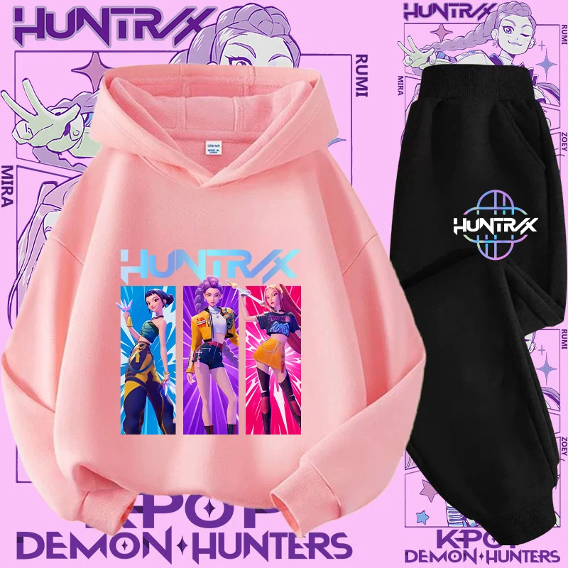 

Autumn and Winter K-pop Demon Hunter Printed Children's Set Hooded Cartoon Cute Boys and Girls Fashion Casual Fleece Sports Set
