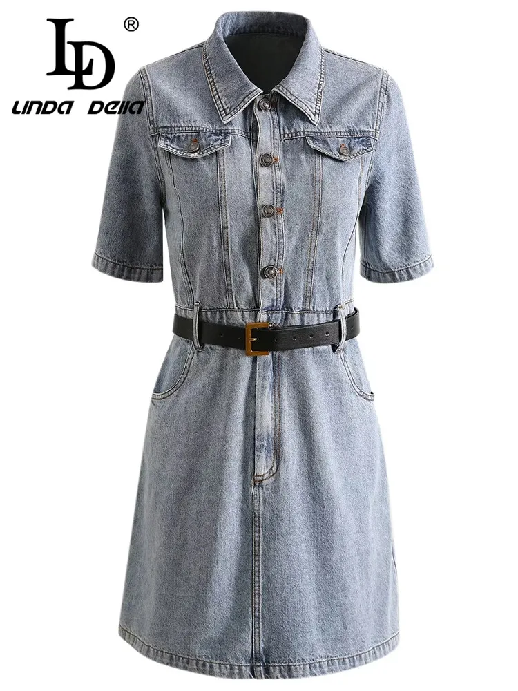 

LD LINDA DELLA 2023 Summer Italian Elegant and Pretty Vintage Dress Women's Lapel Cowboy Single-breasted Belt Slim Fit Dresses