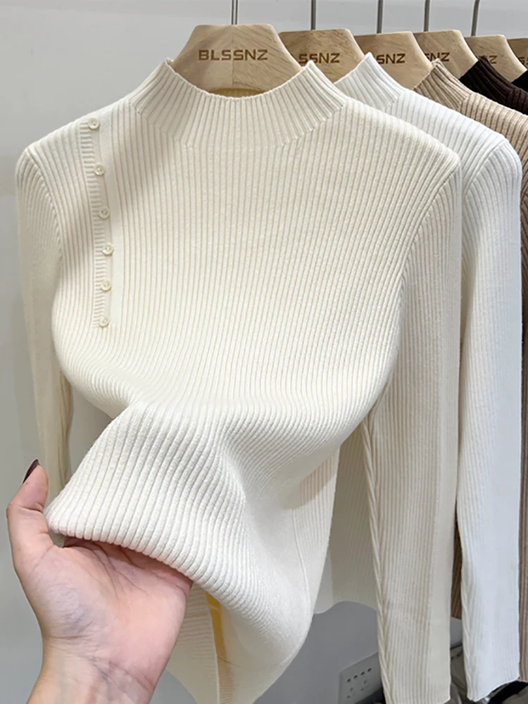 2024 New-coming Autumn Winter Top Pull Femme Turtleneck Pullovers Sweaters Long Sleeve Slim Button Korean Women's Sweater