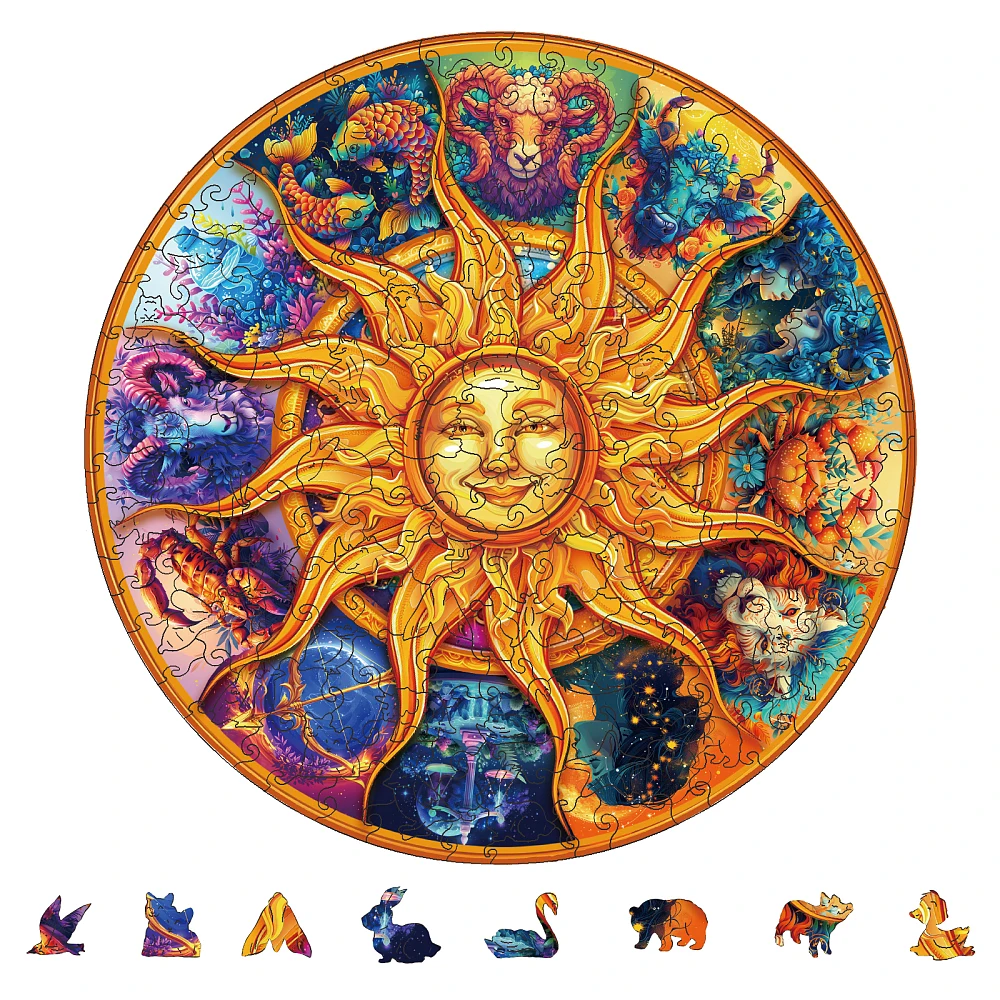 

1 комплект, 200 шт., 12 солнечных деревянных пазлов для взрослых, 285x285 мм/11,2x11,2 дюйма, деревянные пазлы для взрослых, красочные уникальные животные