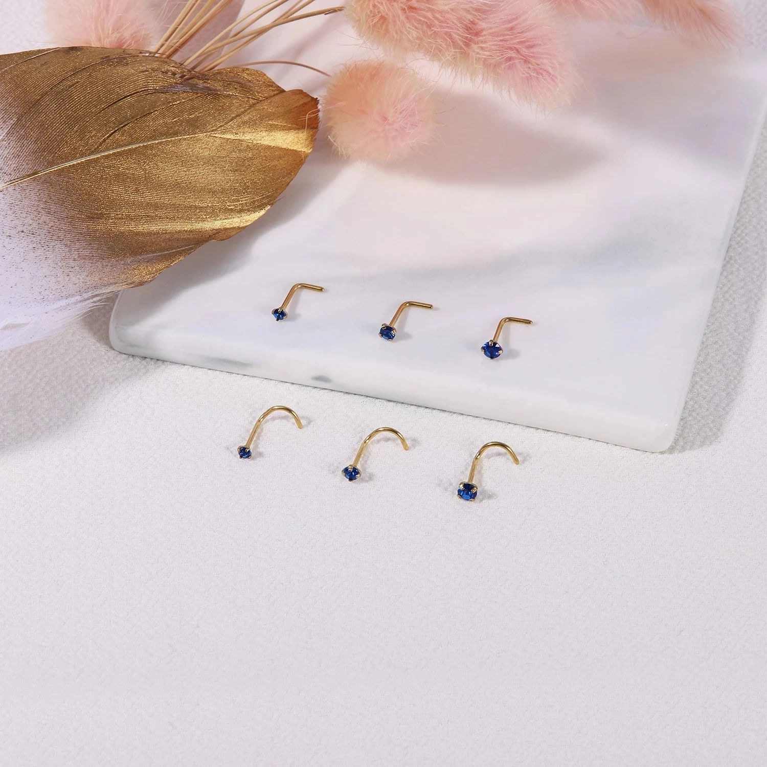 AOEDEJ 18/20G Gold Plated Nose Studs Jewelry Women Shiny Crystal Nostril Piercing Set Stainless Steel L Shape Nostril Piercings