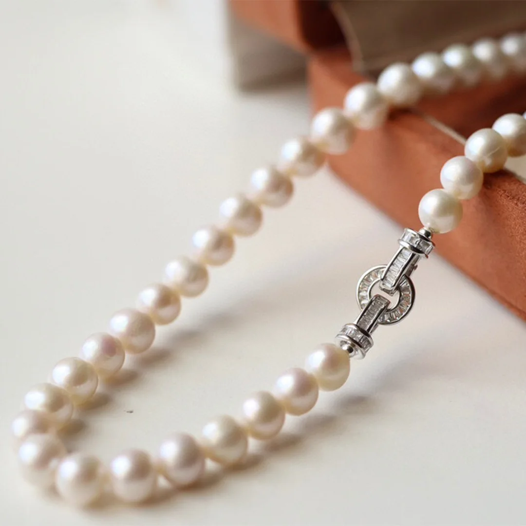 

Ожерелье из натурального сильного света с пресноводным жемчугом 8 мм рядом с круглым, слегка дефектом, классическое универсальное жемчужное ожерелье