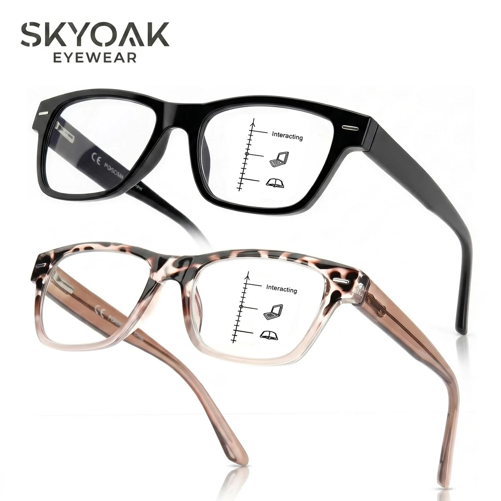 SKYOAK 2 Pack Trendy Progressive Reading Glasses for Women, Retro Rectangle Multifocal UV Computer Readers with Spring Hinges