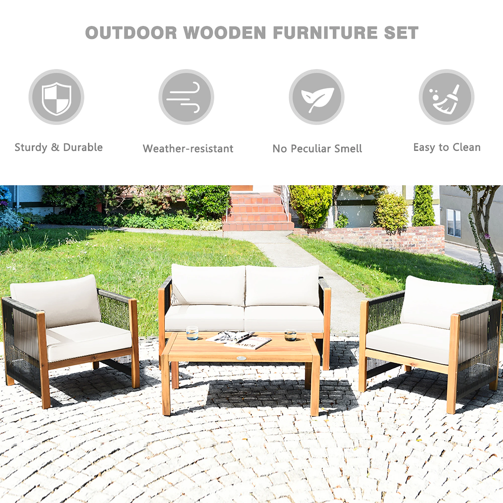 4PCS Wooden Patio Furniture Set CUS01hioned Sofa W/Rope Armrest White image 3