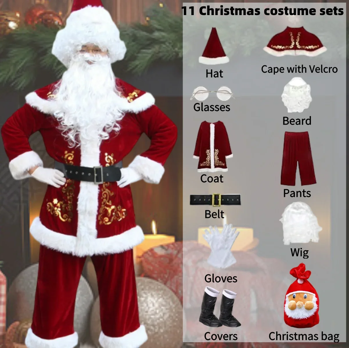 Costume de cosplay de Noël pour adultes, père Noël imbibé, paupières en velours rouge de luxe, fête de Noël, tenues de famille, homme, ensemble de 11 pièces