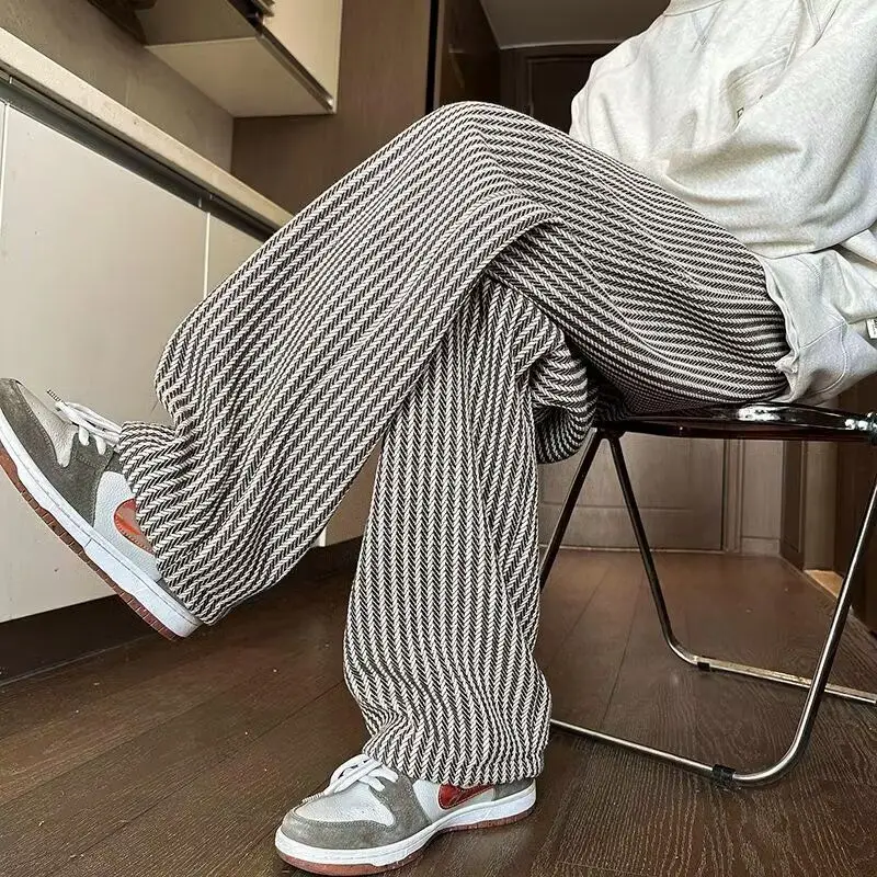 Spring Autumn New Fashion Elastic Waist Striped Contrast Color Straight Pants Man High Street Loose Pockets Patchwork Trousers