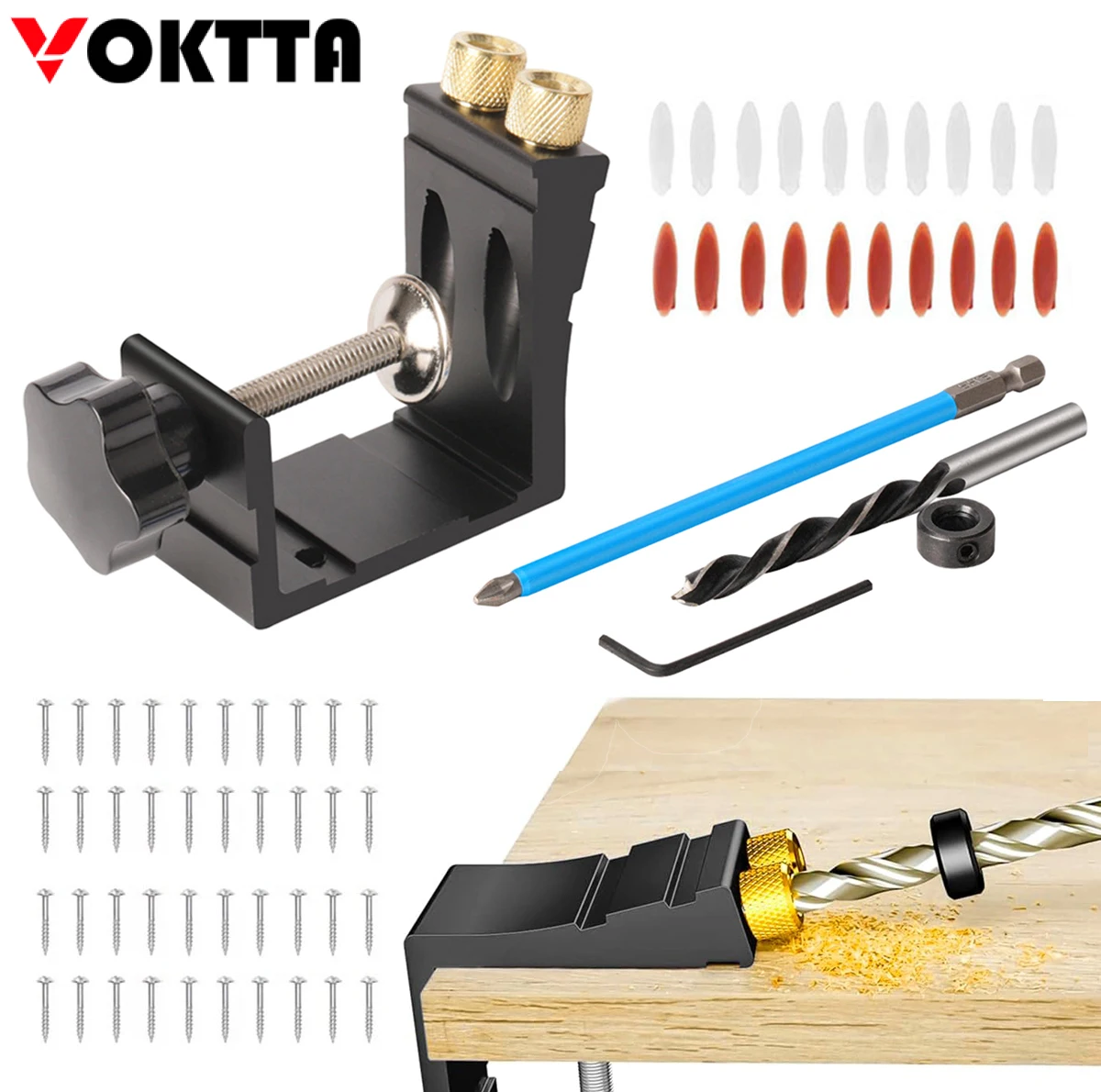 

Pocket Hole Jig Adjustable Two Hole Wood Jig Kit With Drill Guide And Step Drill Bit And Wood Plugs And Screws For Joinery Work