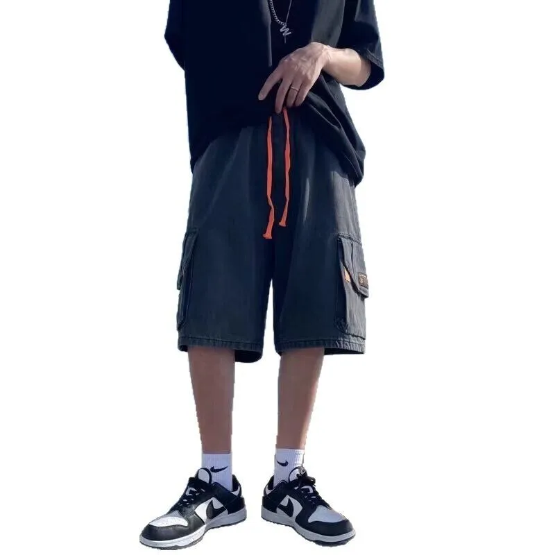 ผู้ชายฤดูร้อนกระเป๋าขนาดใหญ่ Workwear Drawstring กางเกงยีนส์กางเกงขาสั้นแฟชั่น Slim ธุรกิจหลวมห้าจุดกางเกงยีนส์กางเกงขาสั้น