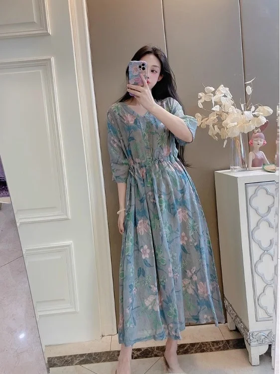 Rétro lin Dr femmes V-ne taille cintrée coton lin longue été Zen pur thé vêtements imprimé artistique Robe taille moyenne A-...