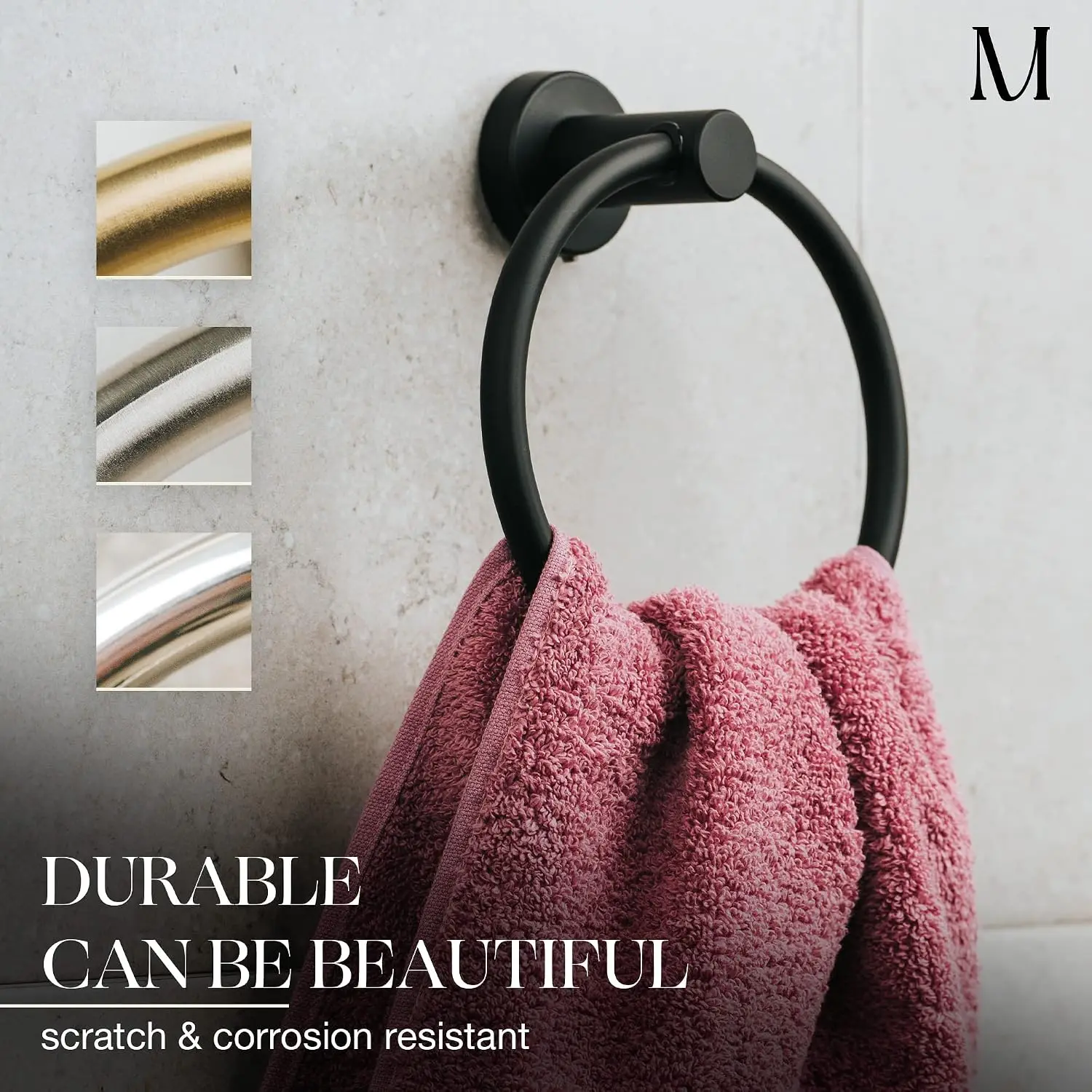 Matte Black Towel Ring for Bathroom - SUS304 Stainless Steel Wall Mounted Hand Towel Holder with Easy Install view 2