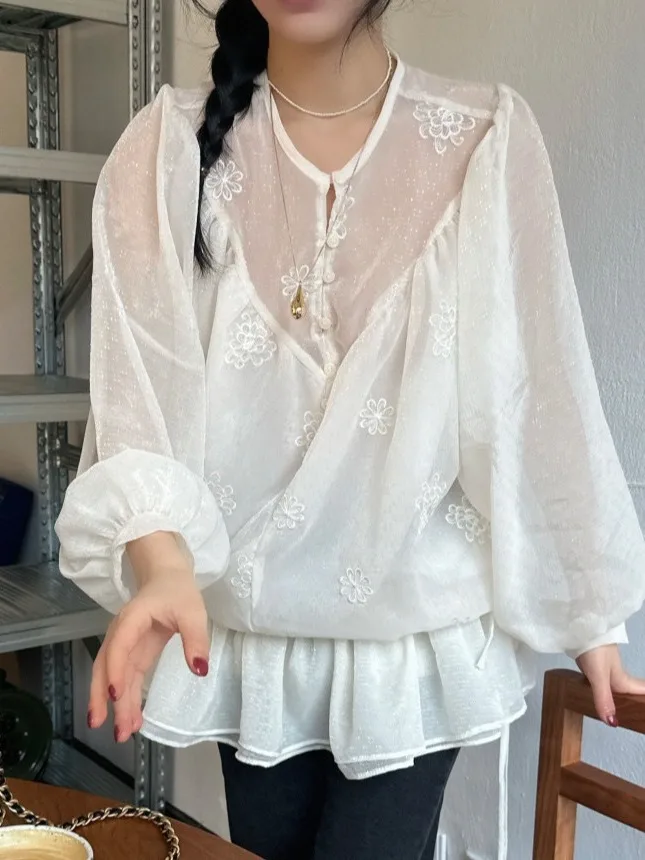 Chic Spring Gentle Wind Semi-Open Collar Embroidered Floral Pattern Dstring Blouse Svel Women's Dr Faionable