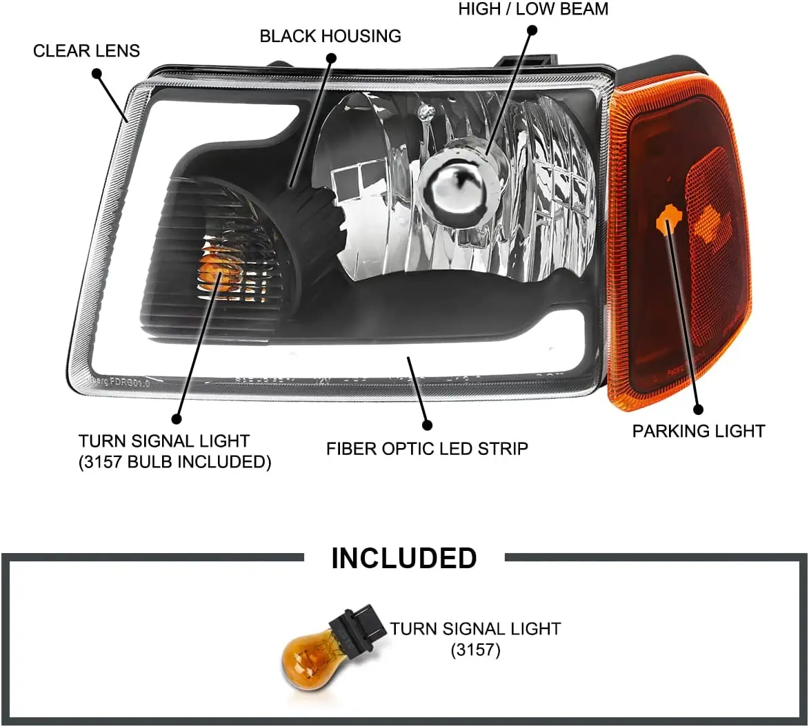 Black Housing Clear Lens LED Tube Headlights Compatible For 2001-2011 Ford Ranger, Left + Right Pair Headlamps Assembly