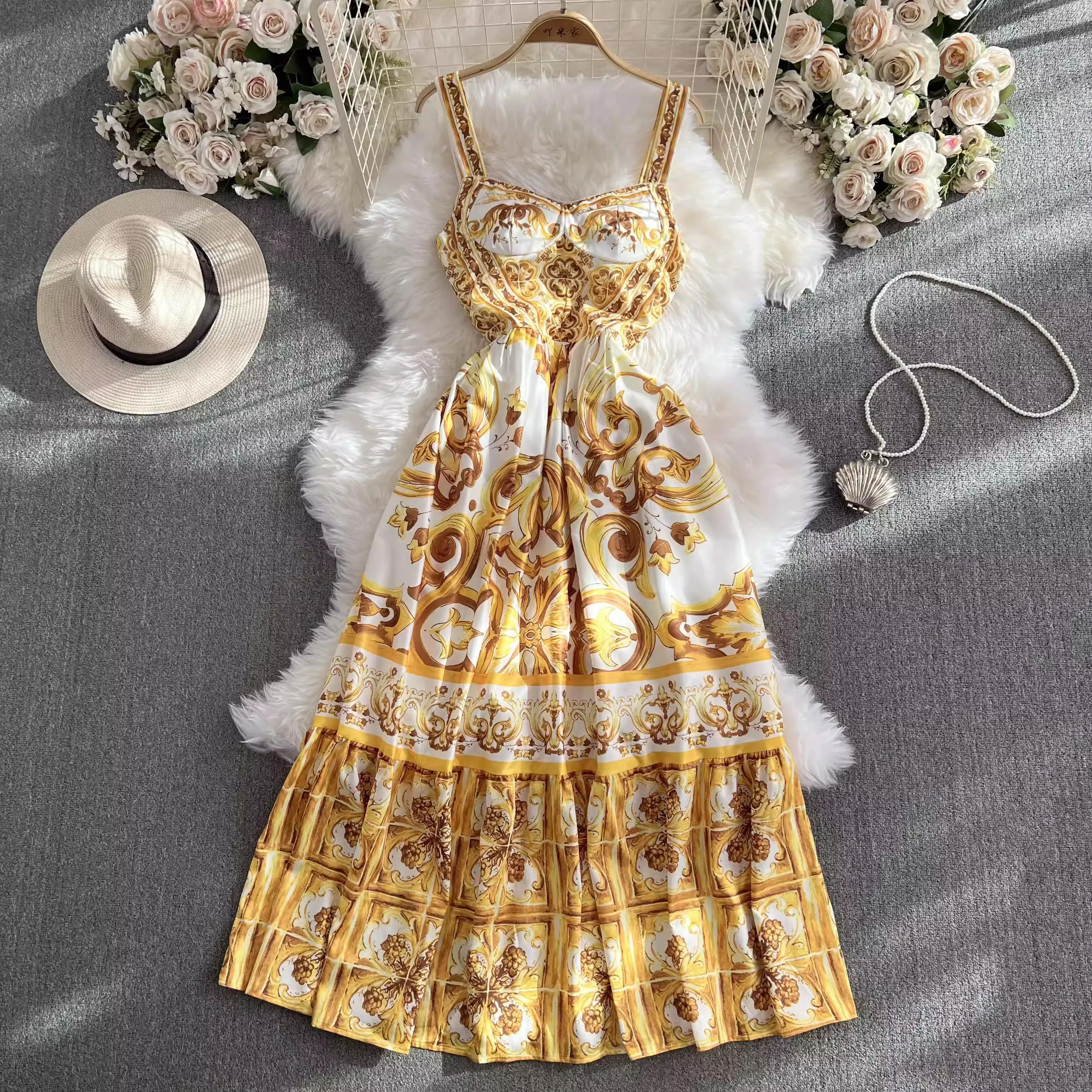 

Summer Holiday Spaghetti Strap Long Dress Women's V-Neck Padded Cup Yellow Floral Print Zipper Elastic Backless Beach Vestidos