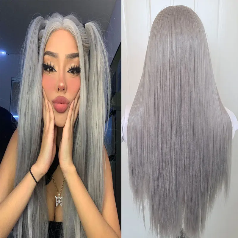 Silver Grey Straight Hair Wig Synthetic 13x4 Lace Front Wigs High Quality Heat Resistant Fiber Hair For Fashion Women Cosplay