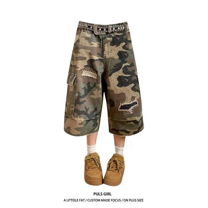 

ZHIZOU Women Cargo Denim Shorts Y2k Ripped Jeans Pants Harajuku Aesthetic Vintage Camouflage Cowboy Shorts 2000s Trashy Clothes