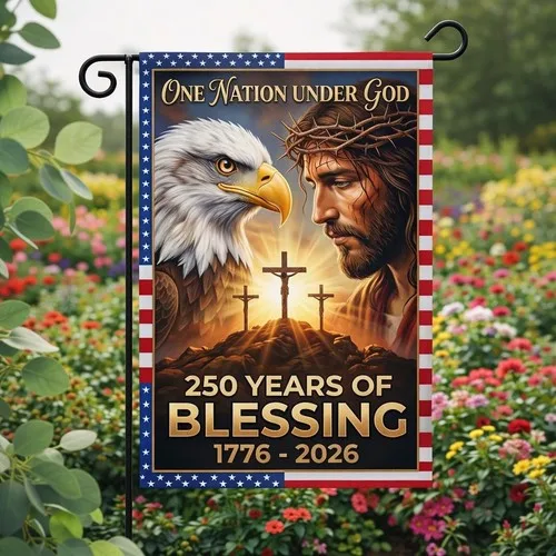 Patriotic Garden Flag One Nation Under God 1776-2026 Christian Cross AAV