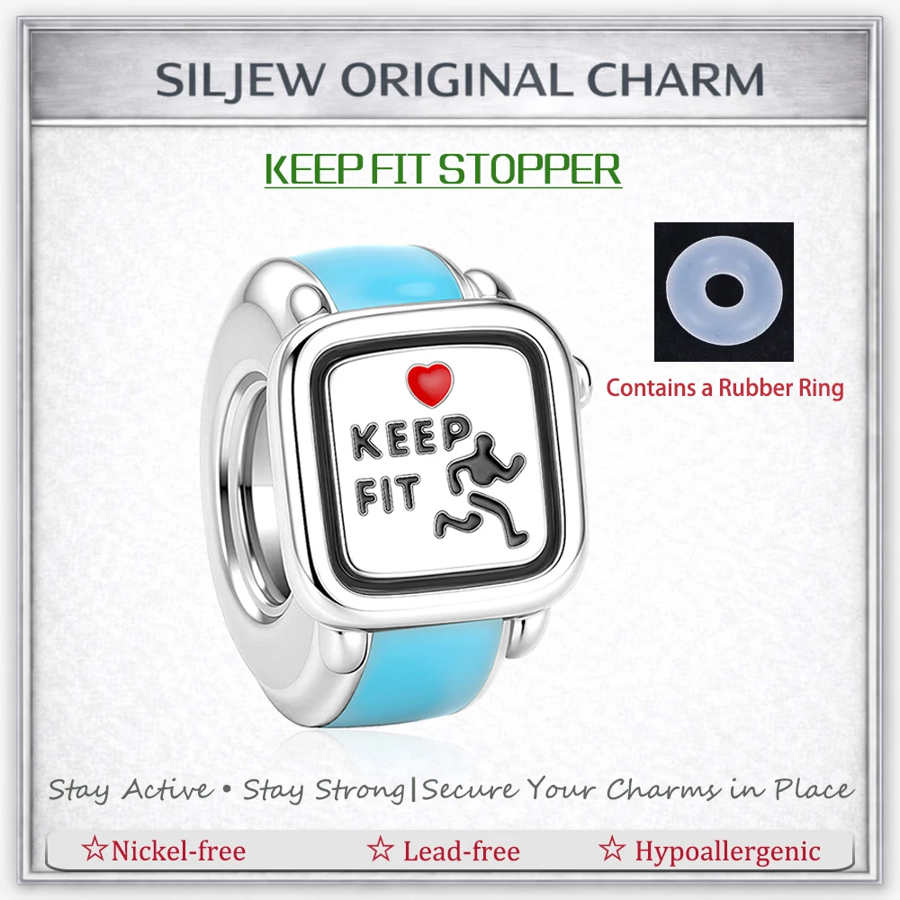 SilJew Keep Fit Stopper Charm 925 Silver Sports Running Spacer Clip Bead with Rubber Ring Fit Bracelet Fitness Jewelry Gift DIY