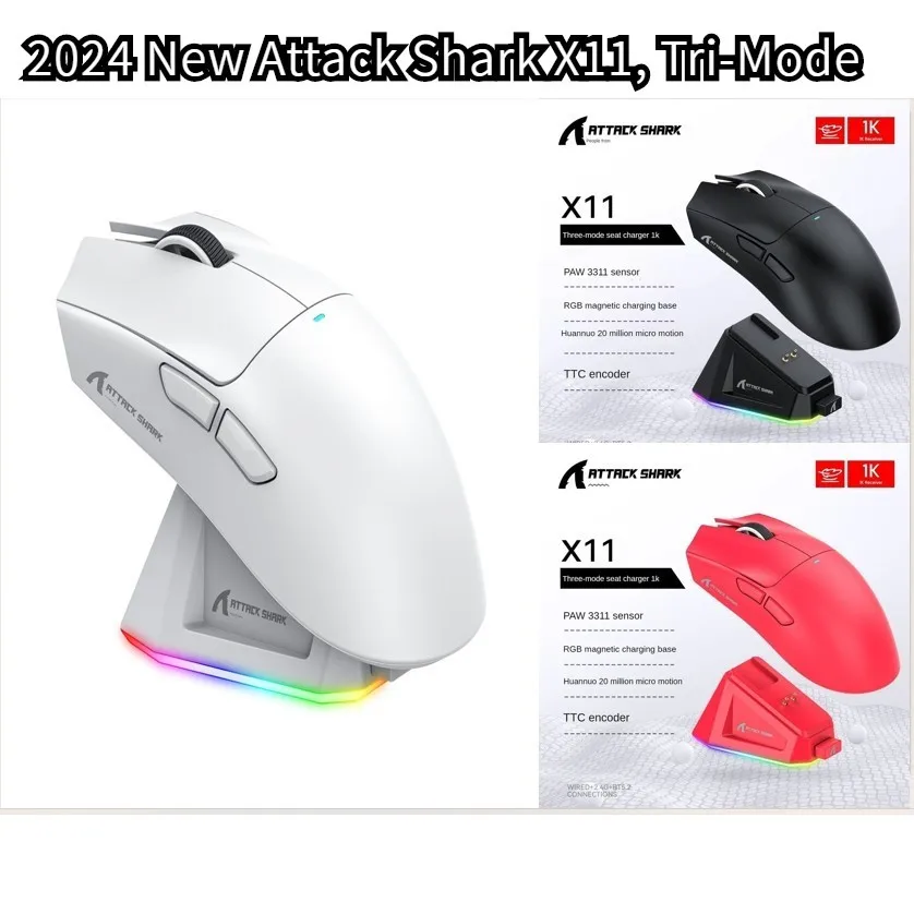 Attack Shark X11 PAW3311 Wireless Bluetooth Mouse,  2.4G 400IPS RGB  PC Gaming Mouse